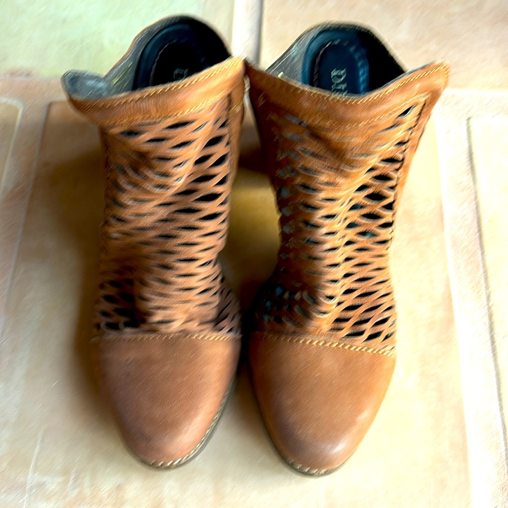 Diba True size 9 brown leather open back booties. 3 inch heel. Worn once.